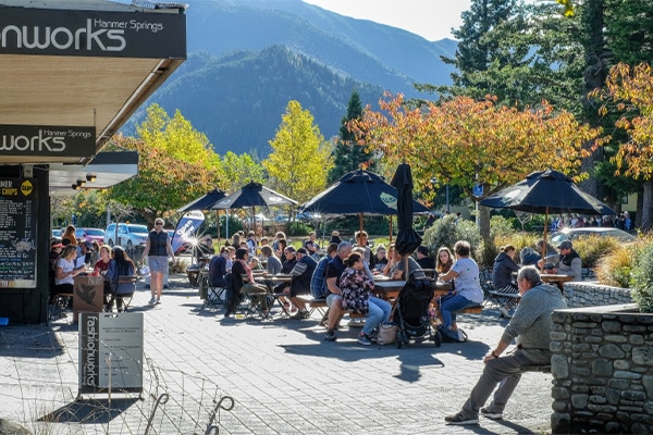 Location 2 Outdoor seating at local shops and cafes in Hanmer Springs near Settlers Boutique Motel