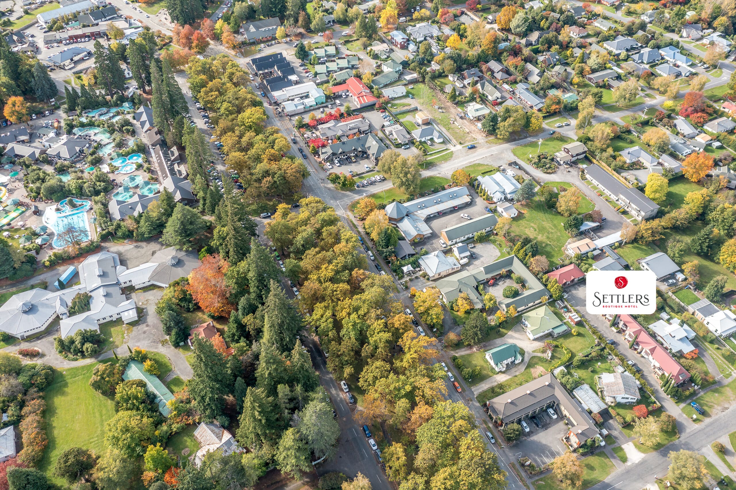 Aerial view of Hanmer Springs alpine village showcasing Settlers Boutique Motel location